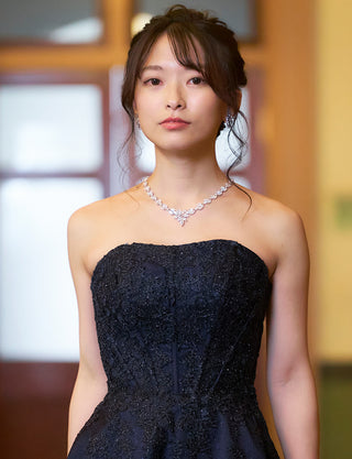 TWEED DRESS(ツイードドレス)のダークネイビーロングドレス・ジャガード|TN2011-DNYの上半身正面画像です。