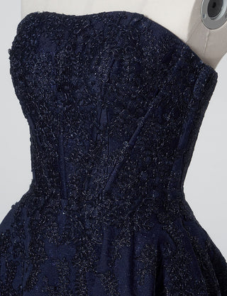 TWEED DRESS(ツイードドレス)のダークネイビーロングドレス・ジャガード|TN2011-DNYのトルソー上半身斜め画像です。