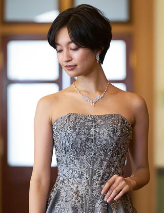 TWEED DRESS(ツイードドレス)のダークグレーロングドレス・ジャガード|TN2011-DGYの上半身正面画像です。