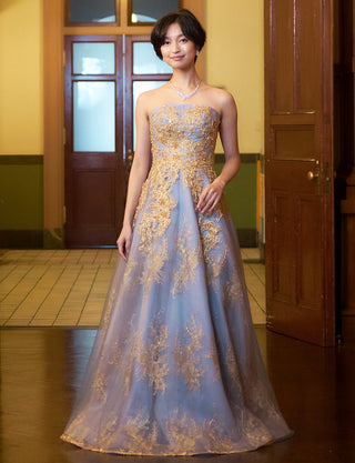 TWEED DRESS(ツイードドレス)のブルーグレーロングドレス・チュール|TN2015-BLGYの全身正面画像です。