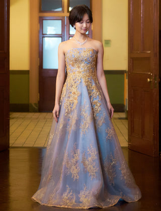 TWEED DRESS(ツイードドレス)のブルーグレーロングドレス・チュール|TN2015-BLGYの全身正面画像です。