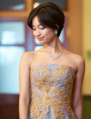 TWEED DRESS(ツイードドレス)のブルーグレーロングドレス・チュール|TN2015-BLGYの上半身正面画像です。