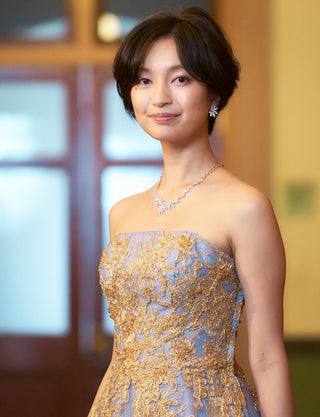 TWEED DRESS(ツイードドレス)のブルーグレーロングドレス・チュール|TN2015-BLGYの上半身斜め画像です。