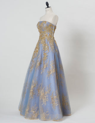 TWEED DRESS(ツイードドレス)のブルーグレーロングドレス・チュール|TN2015-BLGYのトルソー全身斜め画像です。