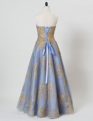 TWEED DRESS(ツイードドレス)のブルーグレーロングドレス・チュール|TN2015-BLGYのトルソー全身背面画像です。