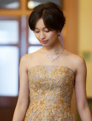 TWEED DRESS(ツイードドレス)のダークグレーロングドレス・チュール|TN2015-DGYの上半身正面画像です。