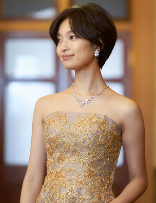 TWEED DRESS(ツイードドレス)のダークグレーロングドレス・チュール|TN2015-DGYの上半身正面画像です。