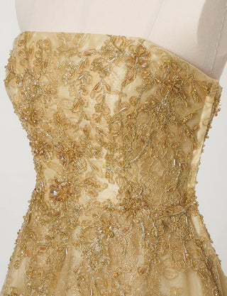 TWEED DRESS(ツイードドレス)のゴールドロングドレス・チュール|TN2015-GDのトルソー上半身斜め画像です。
