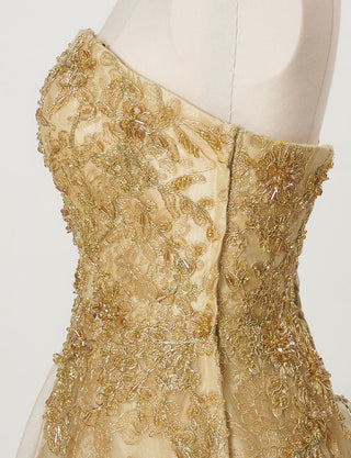 TWEED DRESS(ツイードドレス)のゴールドロングドレス・チュール|TN2015-GDのトルソー上半身側面画像です。