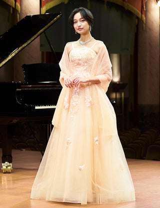 TWEED DRESS(ツイードドレス)のシャンパンゴールドロングドレス・チュール|TN2020-CGDの全身正面ストール着用画像です。