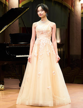 TWEED DRESS(ツイードドレス)のシャンパンゴールドロングドレス・チュール|TN2020-CGDの全身正面ストラップ着用画像です。