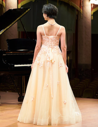 TWEED DRESS(ツイードドレス)のシャンパンゴールドロングドレス・チュール|TN2020-CGDの全身背面ストラップ着用画像です。