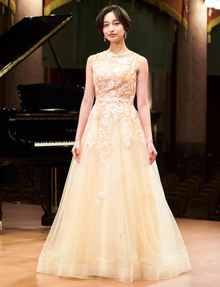 TWEED DRESS(ツイードドレス)のシャンパンゴールドロングドレス・チュール|TN2020-CGDの全身正面ボレロ着用画像です。