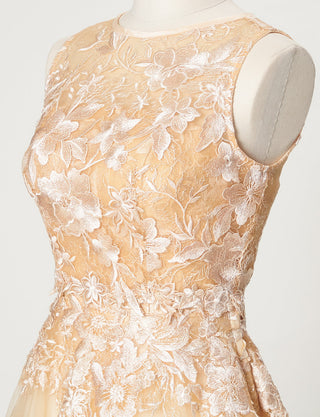 TWEED DRESS(ツイードドレス)のシャンパンゴールドロングドレス・チュール|TN2020-CGDのトルソー全身斜めボレロ着用画像です。