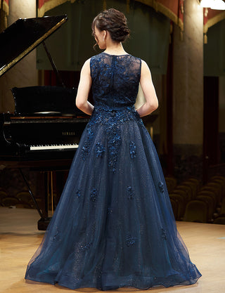 TWEED DRESS(ツイードドレス)のダークネイビーロングドレス・チュール|TN2020-DNYの全身背面ボレロ着用画像です。