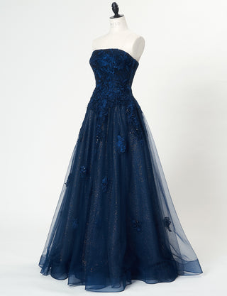 TWEED DRESS(ツイードドレス)のダークネイビーロングドレス・チュール|TN2020-DNYのトルソー全身斜め画像です。