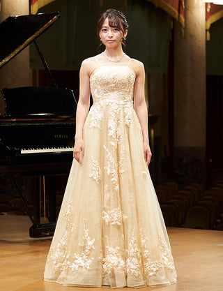 TWEED DRESS(ツイードドレス)のシャンパンゴールドロングドレス・チュール|TN2024-CGDの全身正面ストラップ着用着用画像です。