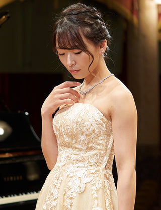 TWEED DRESS(ツイードドレス)のシャンパンゴールドロングドレス・チュール|TN2024-CGDの上半身斜め画像です。