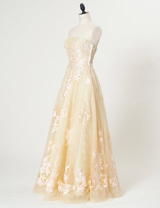 TWEED DRESS(ツイードドレス)のシャンパンゴールドロングドレス・チュール|TN2024-CGDのトルソー全身斜め画像です。