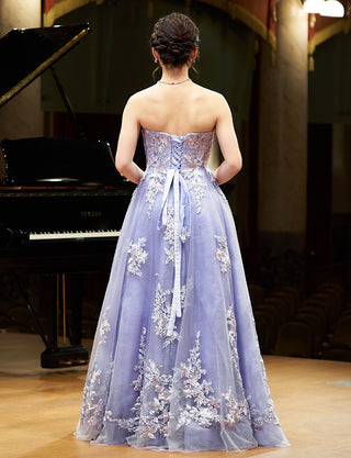 TWEED DRESS(ツイードドレス)のラベンダーグレーロングドレス・チュール|TN2024-LVGYの全身背面画像です。