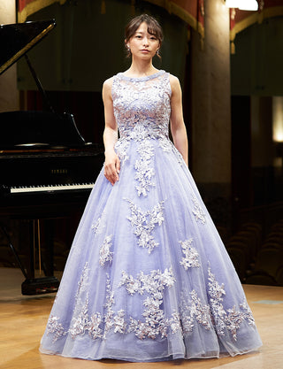 TWEED DRESS(ツイードドレス)のラベンダーグレーロングドレス・チュール|TN2024-LVGYの全身正面、ボレロ、パニエ着用画像です。