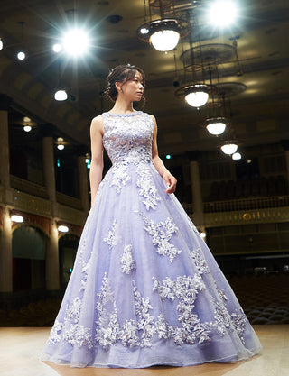 TWEED DRESS(ツイードドレス)のラベンダーグレーロングドレス・チュール|TN2024-LVGYの全身正面、ボレロ、パニエ着用画像です。