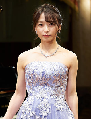 TWEED DRESS(ツイードドレス)のラベンダーグレーロングドレス・チュール|TN2024-LVGYの上半身正面画像です。