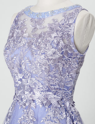 TWEED DRESS(ツイードドレス)のラベンダーグレーロングドレス・チュール|TN2024-LVGYのトルソー上半身斜め画像です。