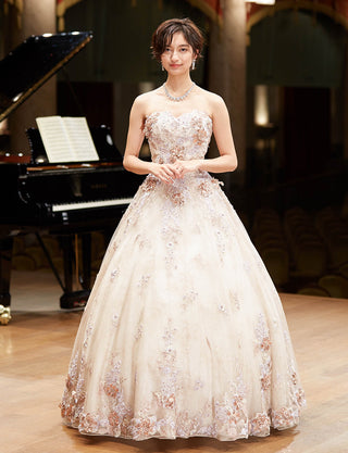 TWEED DRESS(ツイードドレス)のシャンパンベージュロングドレス・チュール|TW1901-CBEGの全身正面パニエ着用画像です。