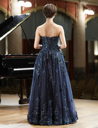 TWEED DRESS(ツイードドレス)のダークネイビーロングドレス・チュール|TW1901-DNYの全身後ろ画像です。