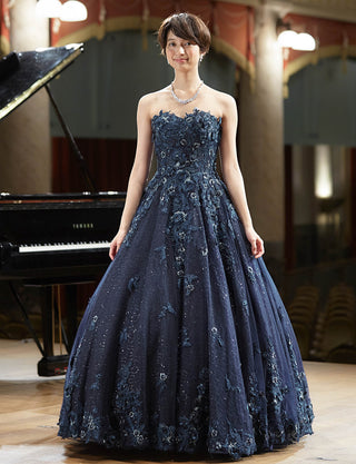 TWEED DRESS(ツイードドレス)のダークネイビーロングドレス・チュール|TW1901-DNYのトルソー全身正面パニエ着用画像です。