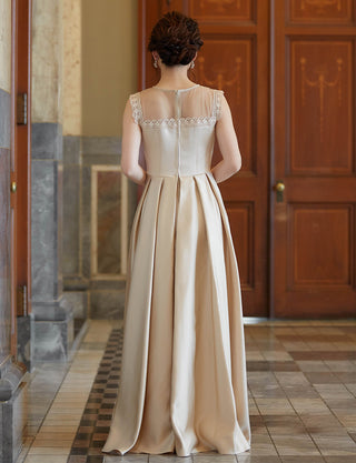 TWEED DRESS(ツイードドレス)のゴールドベージュロングドレス・サテン|TW1908-GBEGの全身背面画像です。