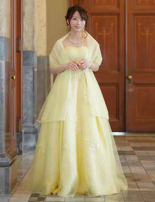 TWEED DRESS(ツイードドレス)のレモンイエローロングドレス・チュール|TW1911-LYWの全身正面ストール着用画像です。