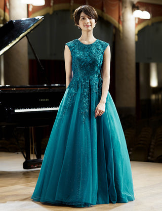 TWEED DRESS(ツイードドレス)のペトロールグリーンロングドレス・チュール|TW1941-PTGNの全身正面画像です。