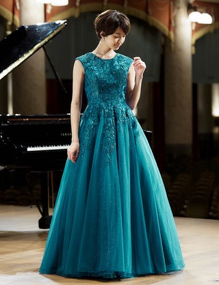 TWEED DRESS(ツイードドレス)のペトロールグリーンロングドレス・チュール|TW1941-PTGNの全身正面画像です。