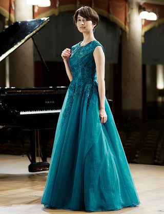 TWEED DRESS(ツイードドレス)のペトロールグリーンロングドレス・チュール|TW1941-PTGNの全身斜め画像です。