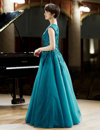 TWEED DRESS(ツイードドレス)のペトロールグリーンロングドレス・チュール|TW1941-PTGNの全身側面画像です。