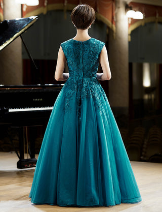 TWEED DRESS(ツイードドレス)のペトロールグリーンロングドレス・チュール|TW1941-PTGNの全身背面画像です。
