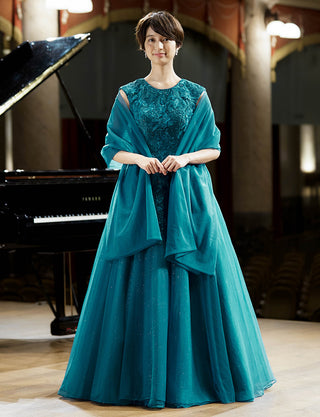 TWEED DRESS(ツイードドレス)のペトロールグリーンロングドレス・チュール|TW1941-PTGNの全身正面ストール着用画像です。