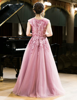 TWEED DRESS(ツイードドレス)のスモーキーピンクロングドレス・チュール|TW1941-SYPKの全身背面画像です。