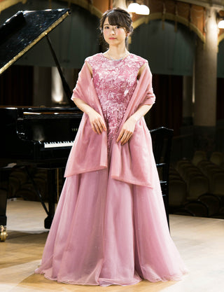 TWEED DRESS(ツイードドレス)のスモーキーピンクロングドレス・チュール|TW1941-SYPKの全身正面ストール着用画像です。
