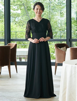 結婚式母親ドレス 黒|ロング丈・七分袖・日本製レース・50代〜60代向けマザードレス