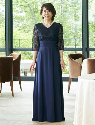 結婚式母親ドレス ネイビー|ロング丈・七分袖・日本製レース・50代〜60代向けマザードレス