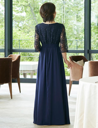 後ろシャーリング仕様のマザーズドレス ネイビー|スタイルアップシルエット・母親用フォーマルドレス