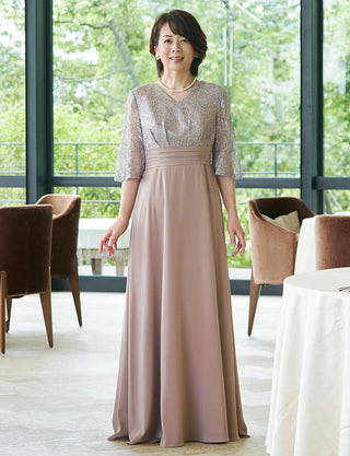 結婚式母親ドレス グレーベージュ|ロング丈・七分袖・日本製レース・50代〜60代向けマザードレス