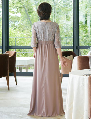 後ろシャーリング仕様のマザーズドレス グレーベージュ|スタイルアップシルエット・母親用フォーマルドレス