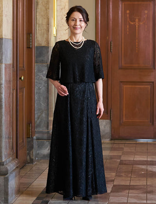 上品な総レース 結婚式母親ドレス ブラック|五分袖・ロング丈・体型カバー・50代〜60代向けフォーマルドレス
