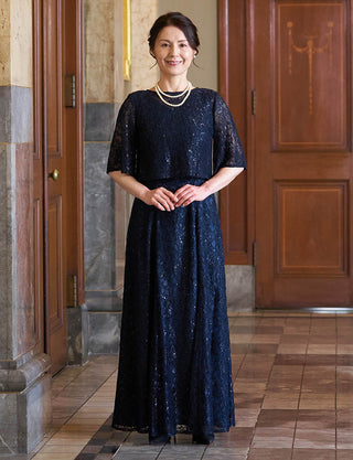 上品な総レース 結婚式母親ドレス ネイビー|五分袖・ロング丈・体型カバー・50代〜60代向けフォーマルドレス