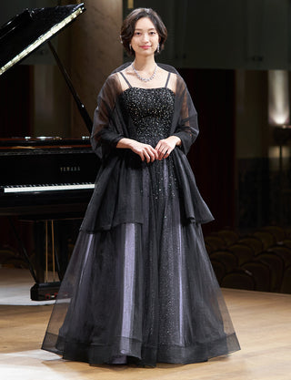 TWEED DRESS(ツイードドレス)のブルーグレーロングドレス・チュール|TN2030-BLGYの全身正面ストール着用画像です。