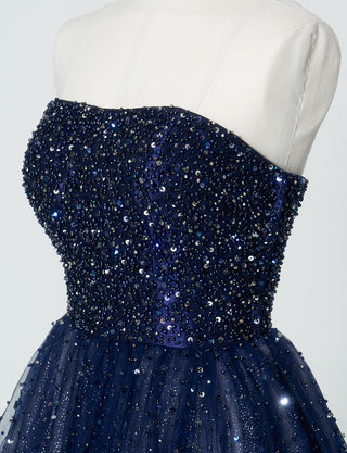 TWEED DRESS(ツイードドレス)のダークネイビーロングドレス・チュール|TN2030-DNYのトルソー上半身斜め画像です。
